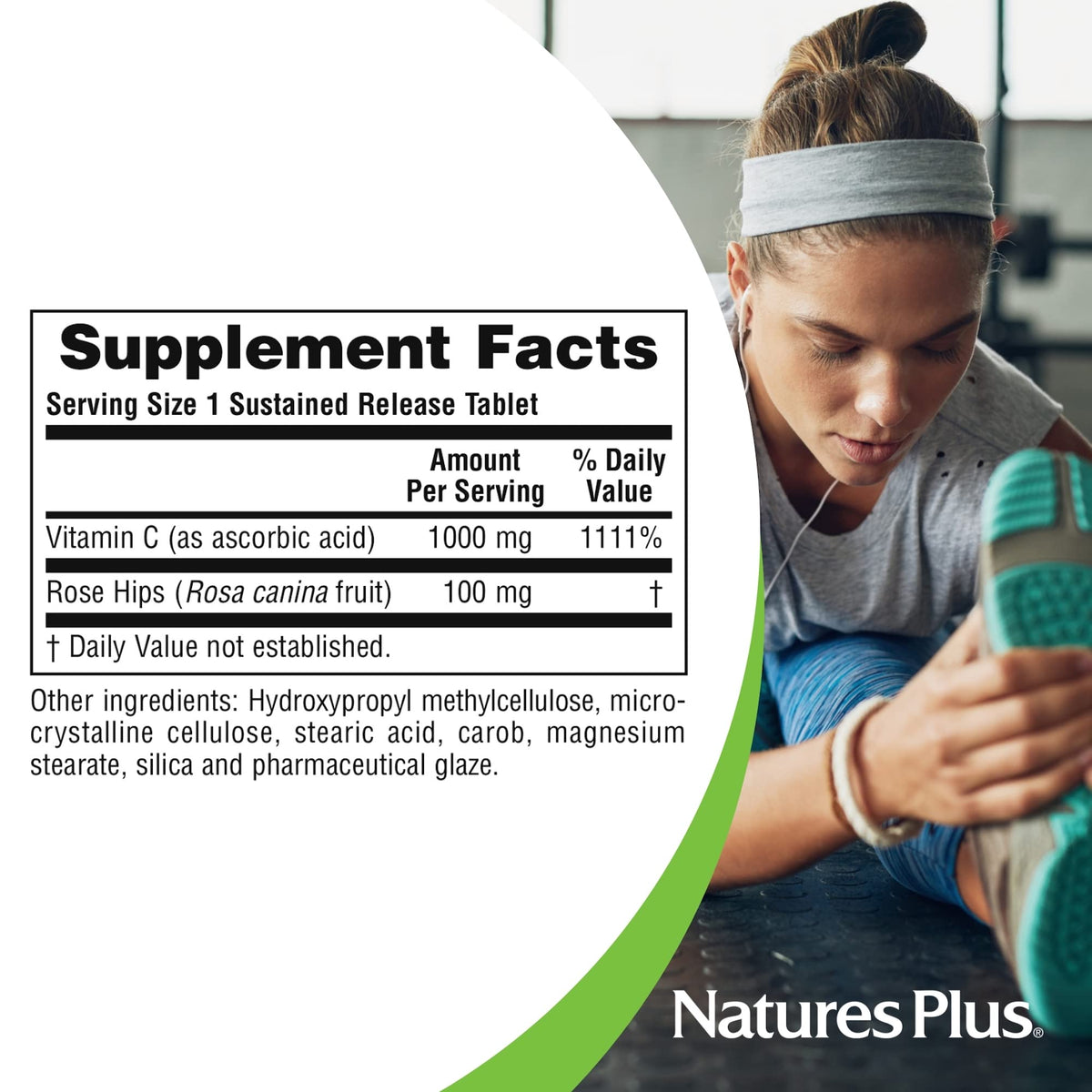 NaturesPlus Vitamine C 1000 mg, présentation des comprimés dans une main