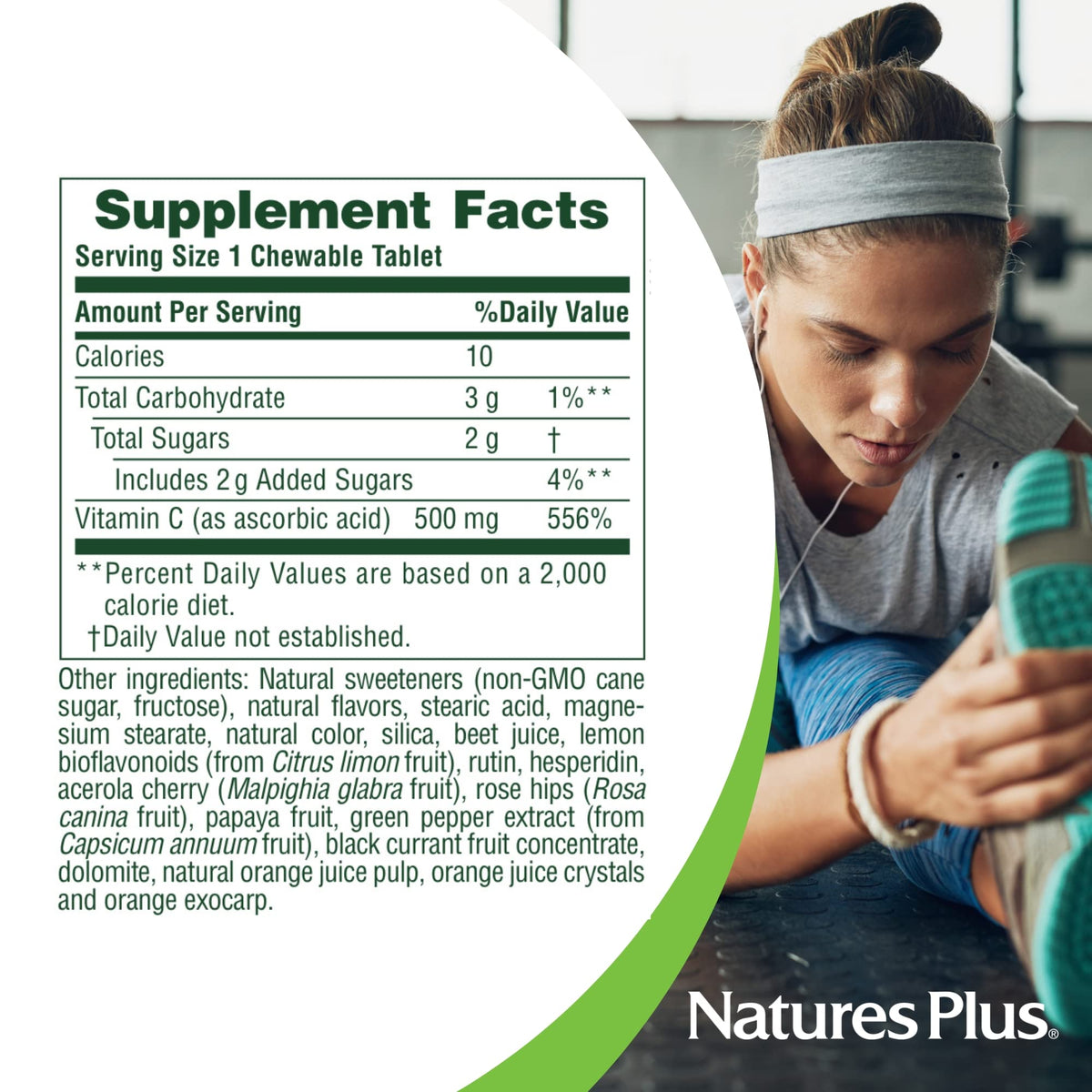 NaturesPlus Vitamine C Mâchable 500 mg, arrière de l'emballage