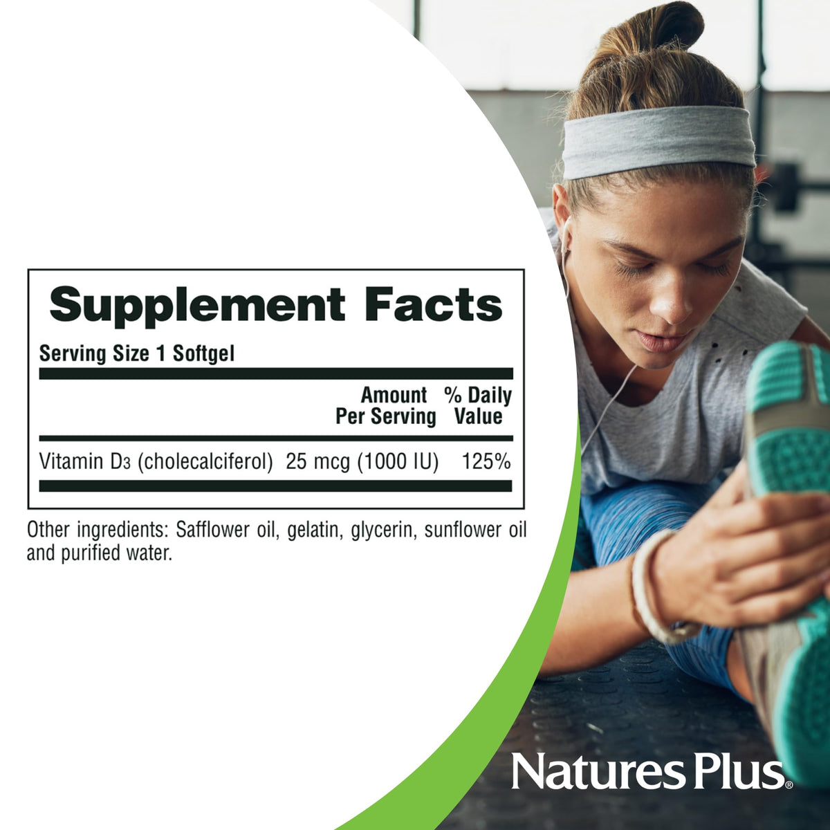 NaturesPlus Vitamine D3 1000 IU gélules molles avec une main