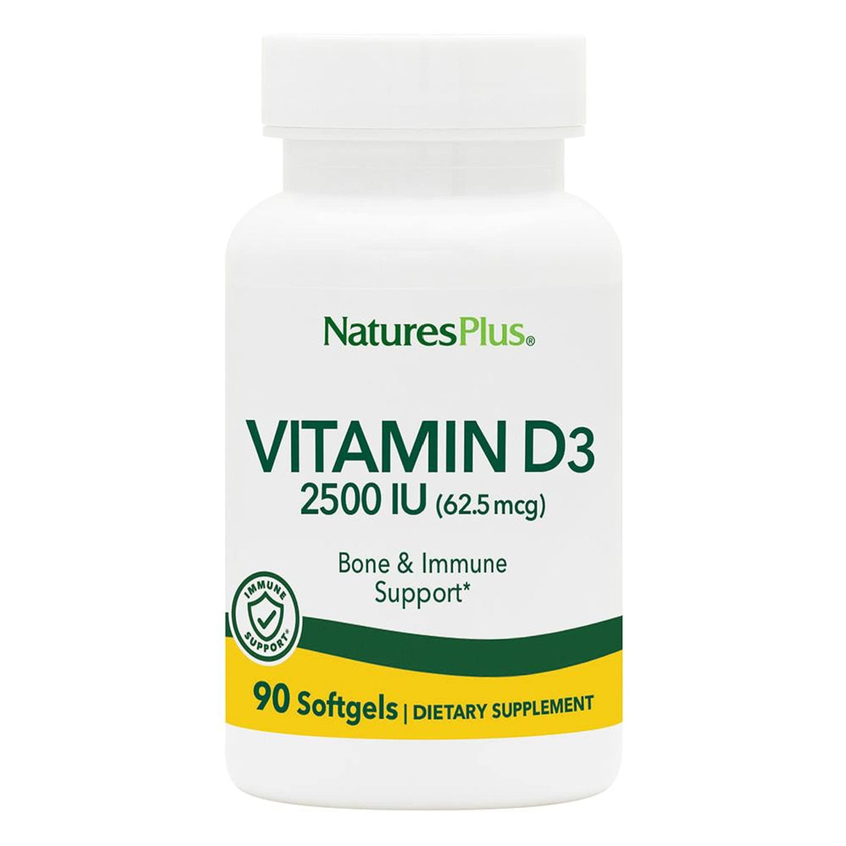NaturesPlus Vitamine D3 2500 UI flacon avant avec 90 gélules souples