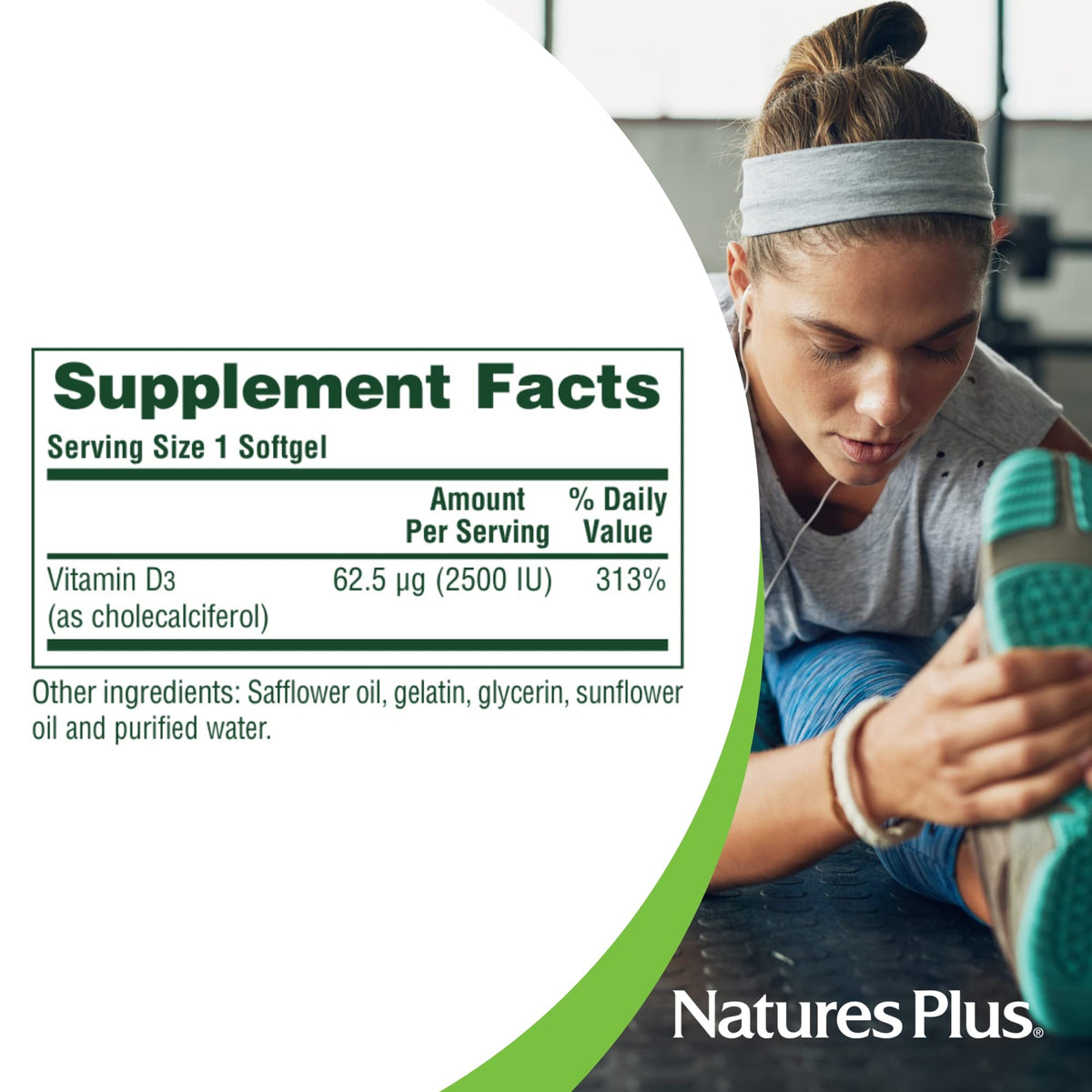 NaturesPlus Vitamine D3 2500 UI flacon avec étiquette claire