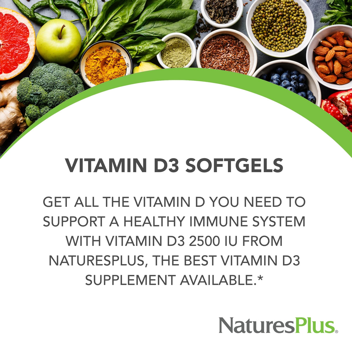 NaturesPlus Vitamine D3 2500 UI flacon de côté montrant le dosage