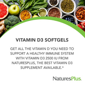 NaturesPlus Vitamine D3 2500 UI flacon de côté montrant le dosage