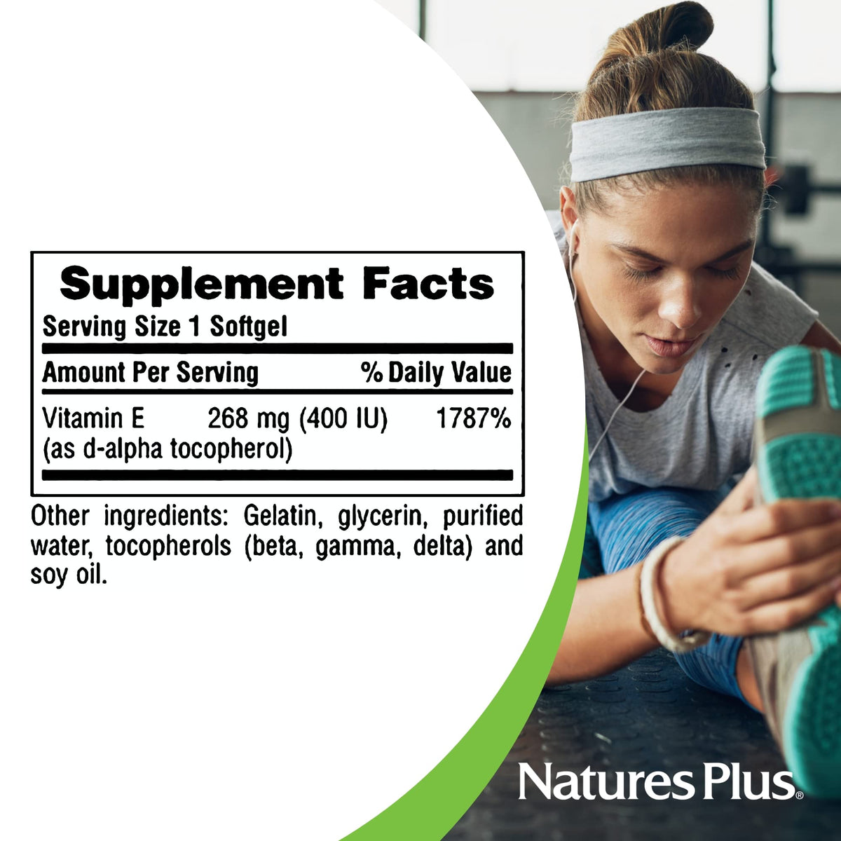 NaturesPlus Vitamine E 400 IU Softgels arrière de la bouteille