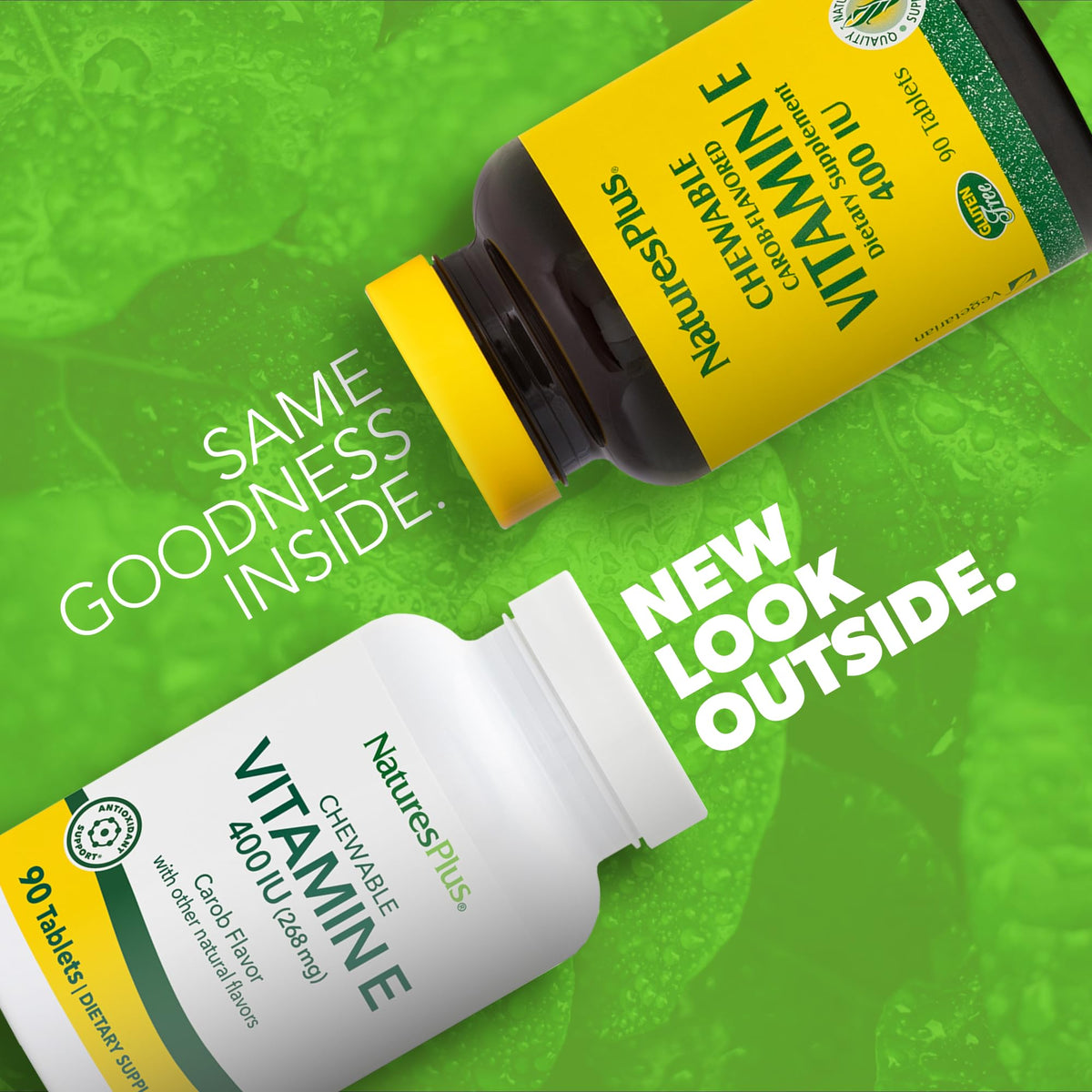 NaturesPlus Vitamine E comprimés caroube avec informations nutritionnelles