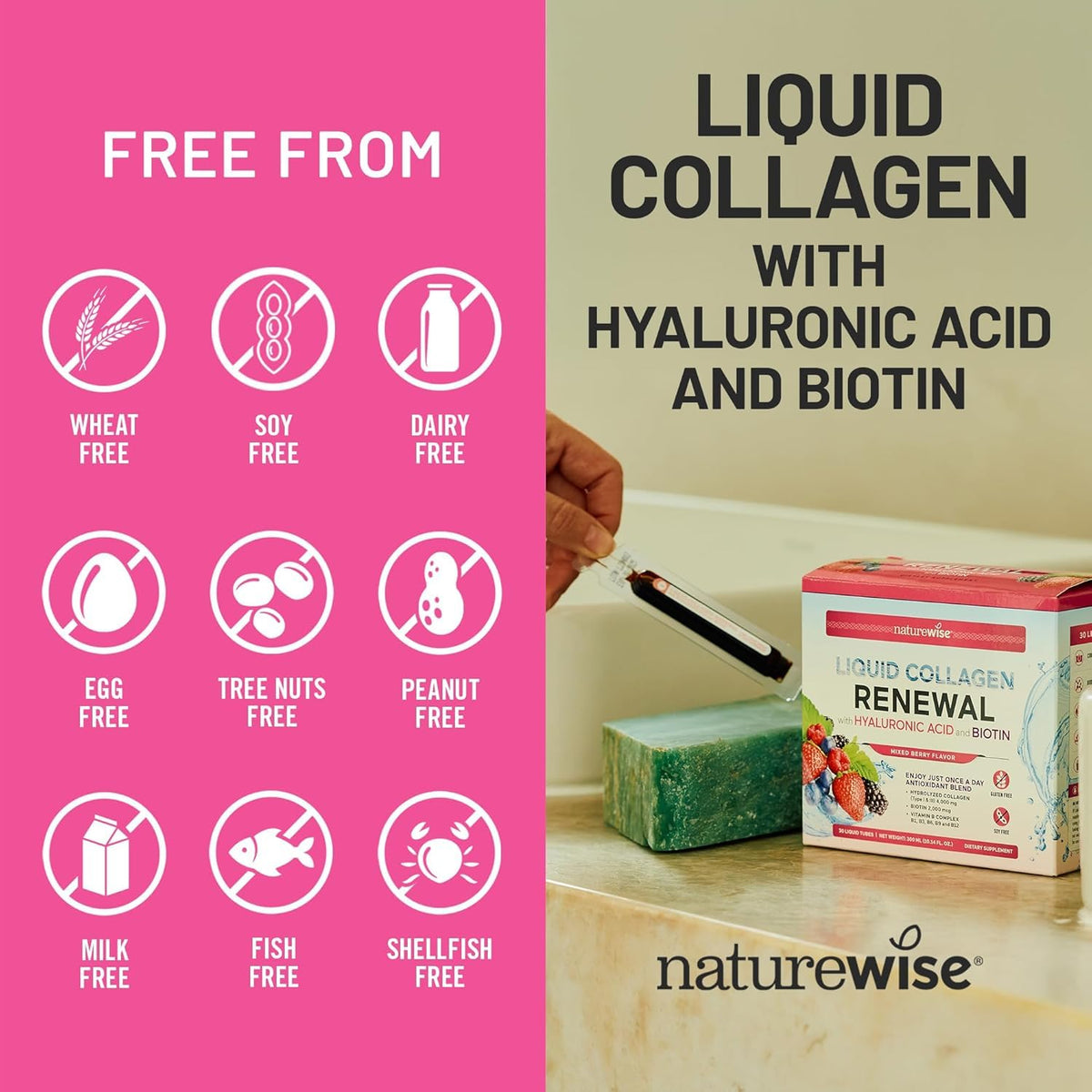 NatureWise Collagène Liquide 4000mg avec des baies fraîches en arrière-plan