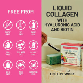 NatureWise Collagène Liquide 4000mg avec des baies fraîches en arrière-plan