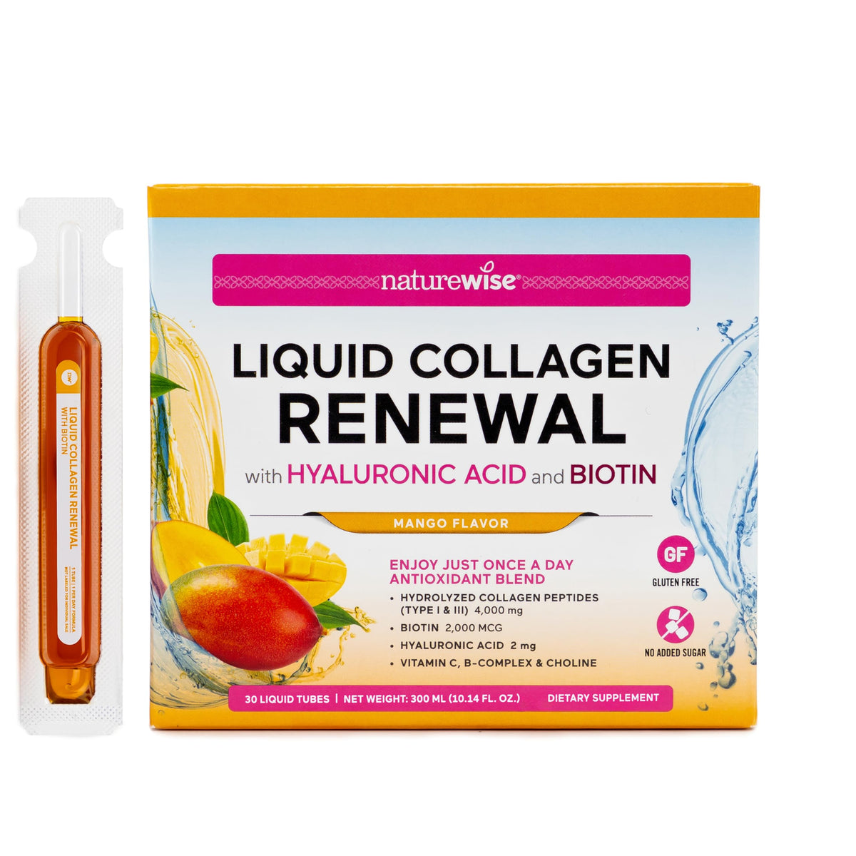 NatureWise Collagène Liquide 4000mg saveur mangue, tube de 30 unités
