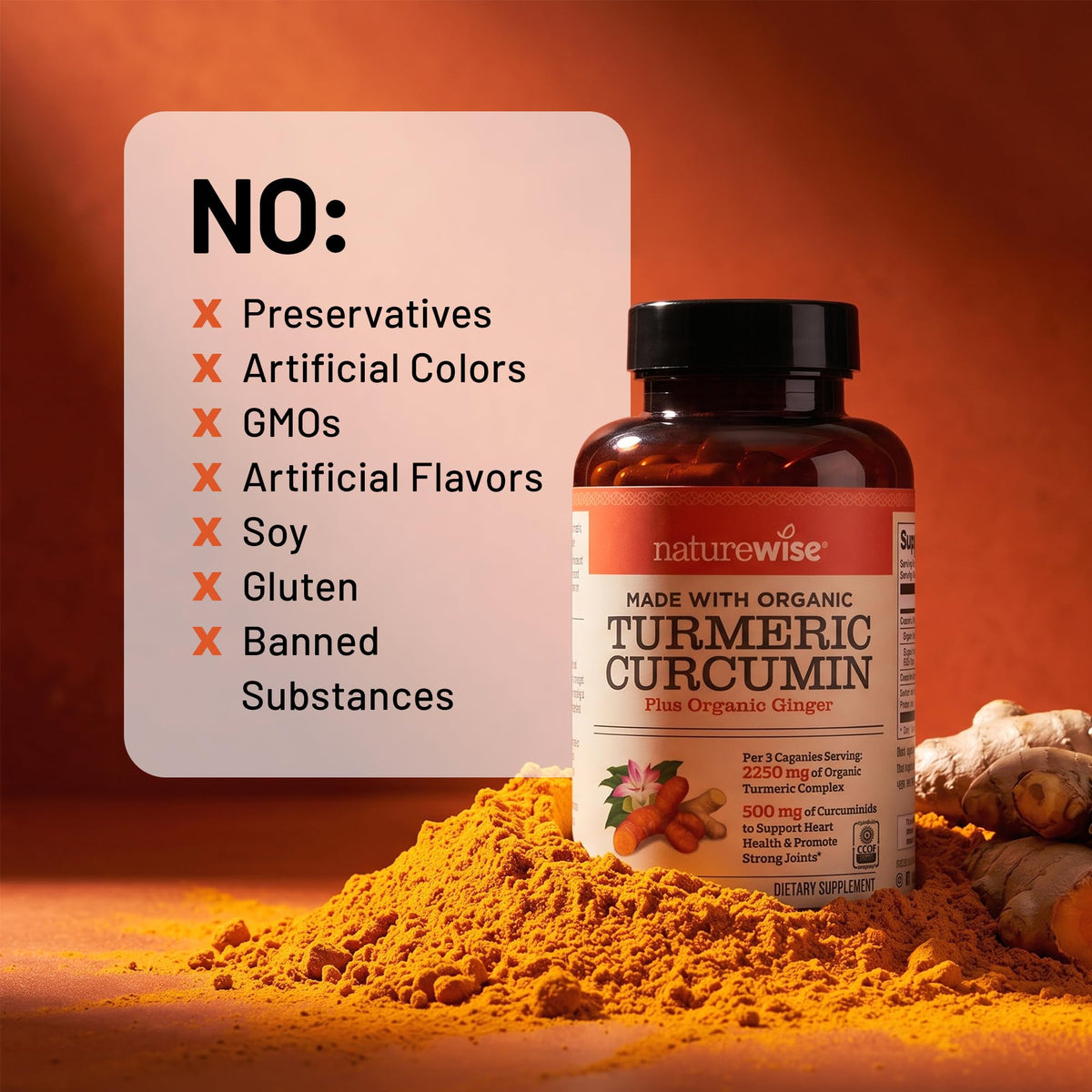 NatureWise Complément Alimentaire Curcuma Curcumine 2250mg 180 Capsules sur fond blanc