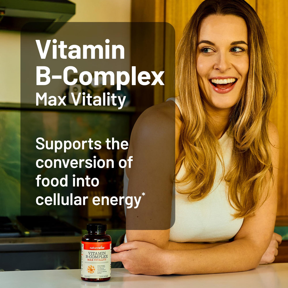 NatureWise Complexe de Vitamines B, flacon sur un fond naturel