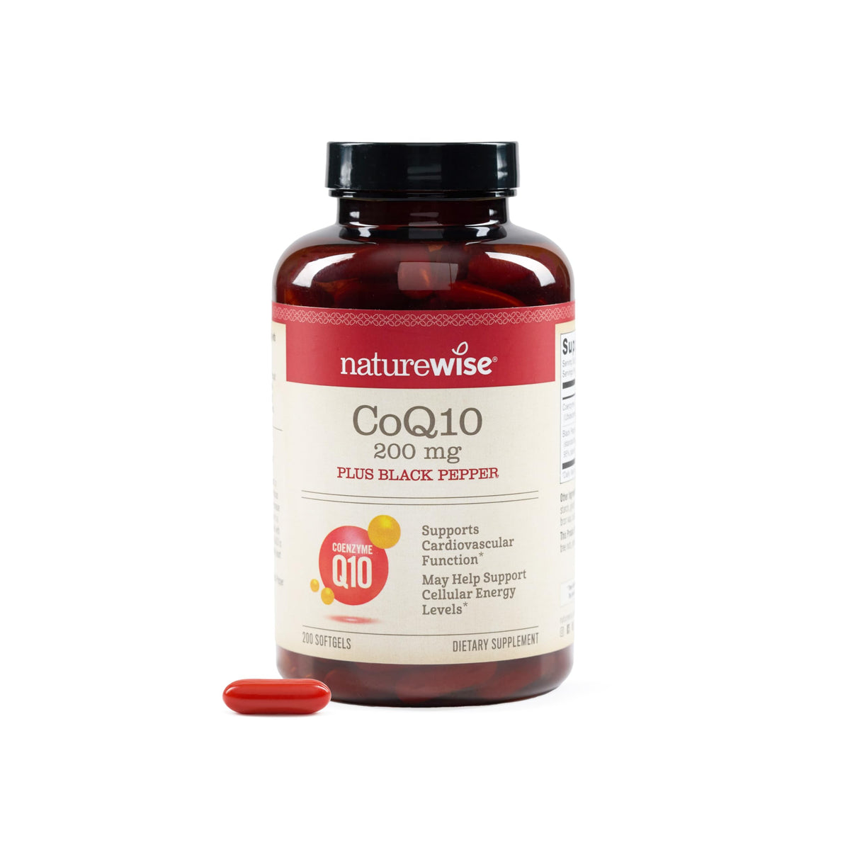NatureWise CoQ10 200mg gélules avec extrait de poivre noir, vue de face