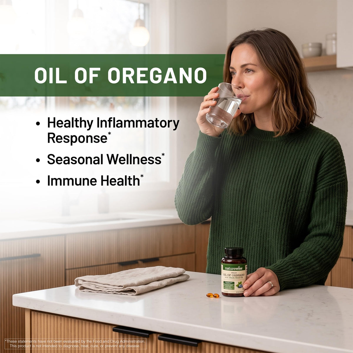 NatureWise Huile d'Origan Végétale, gélules sur fond blanc