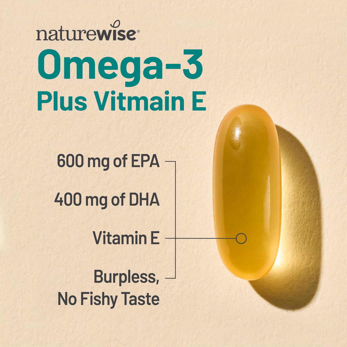 NatureWise Omega 3 gélules montrant la taille et la forme
