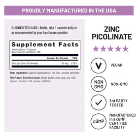 NatureWise Zinc Picolinate 30mg flacon ouvert avec capsules