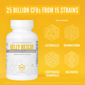 NBI Belly Rescue capsule avec un verre d'eau