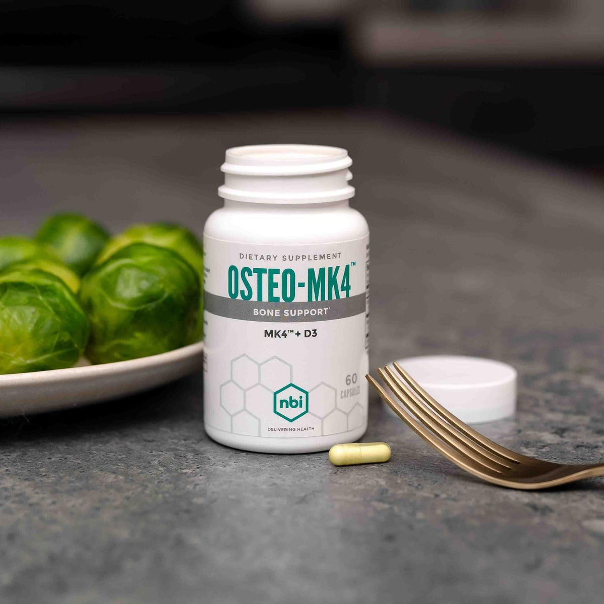 NBI Osteo-MK4 60 Capsules vue de dessus avec capsules visibles