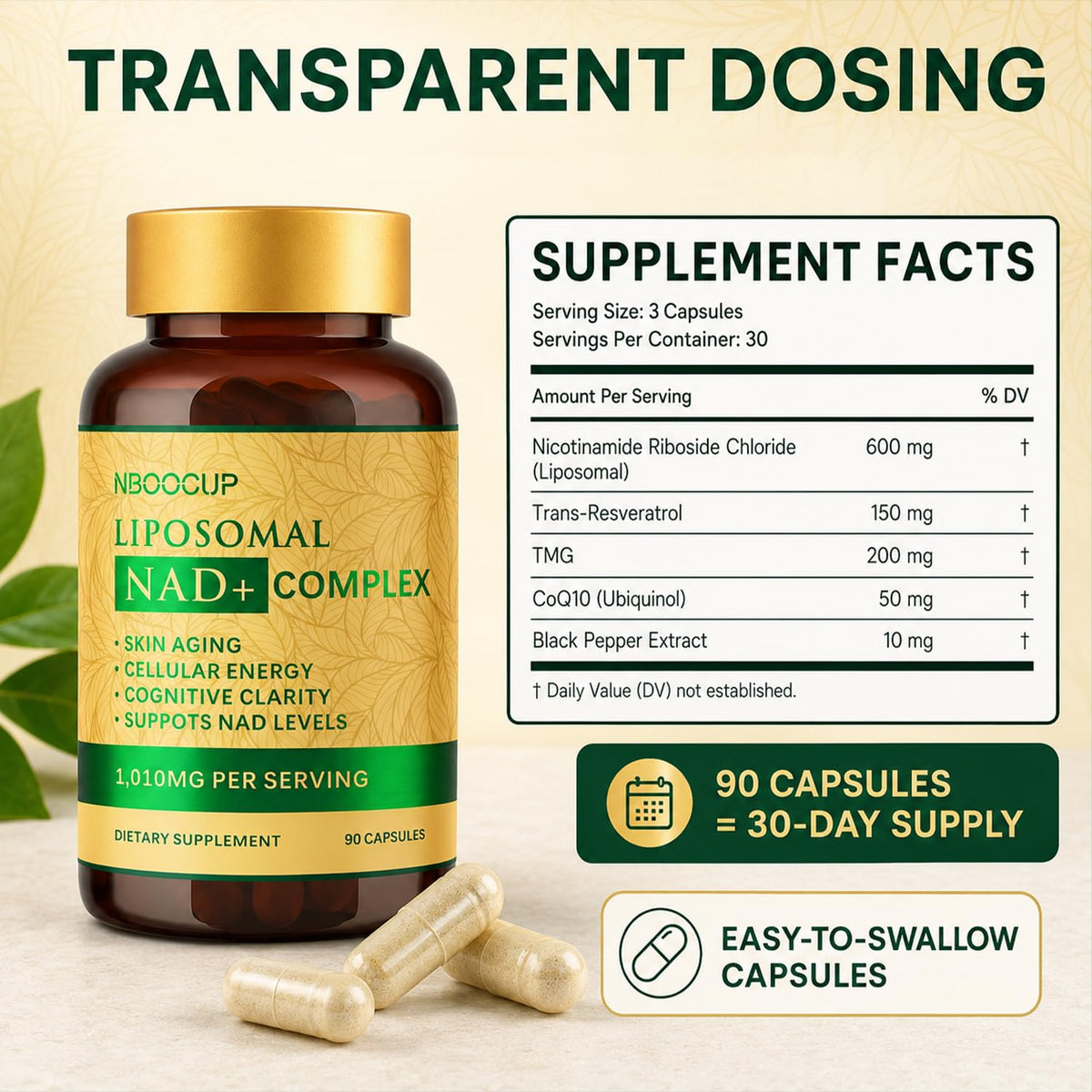 NBOOCUP NAD+ 600mg Capsules sur Une Surface Claire