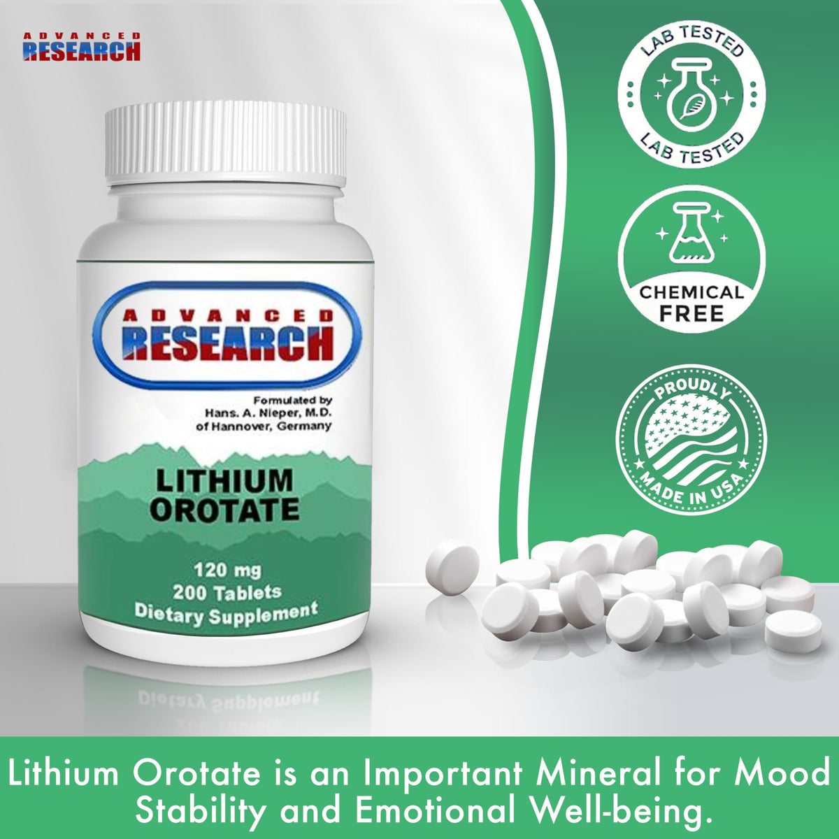 NCI Advanced Research Lithium Orotate 5mg 200 comprimés vue de haut