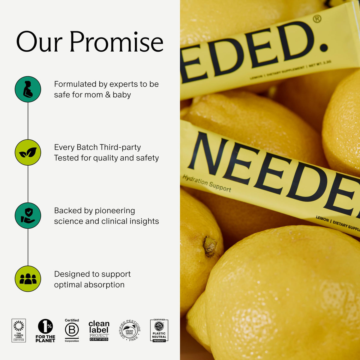 Needed. Hydration Support sachets displayed with fresh lemons