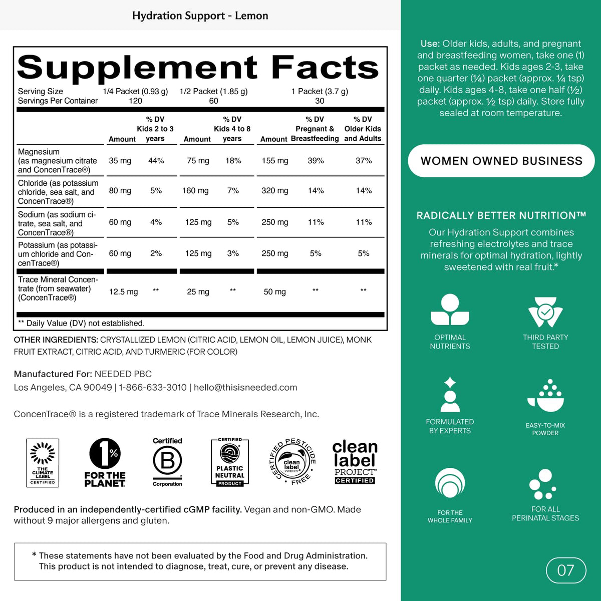 Needed. Hydration Support sachets pack with nutrition information