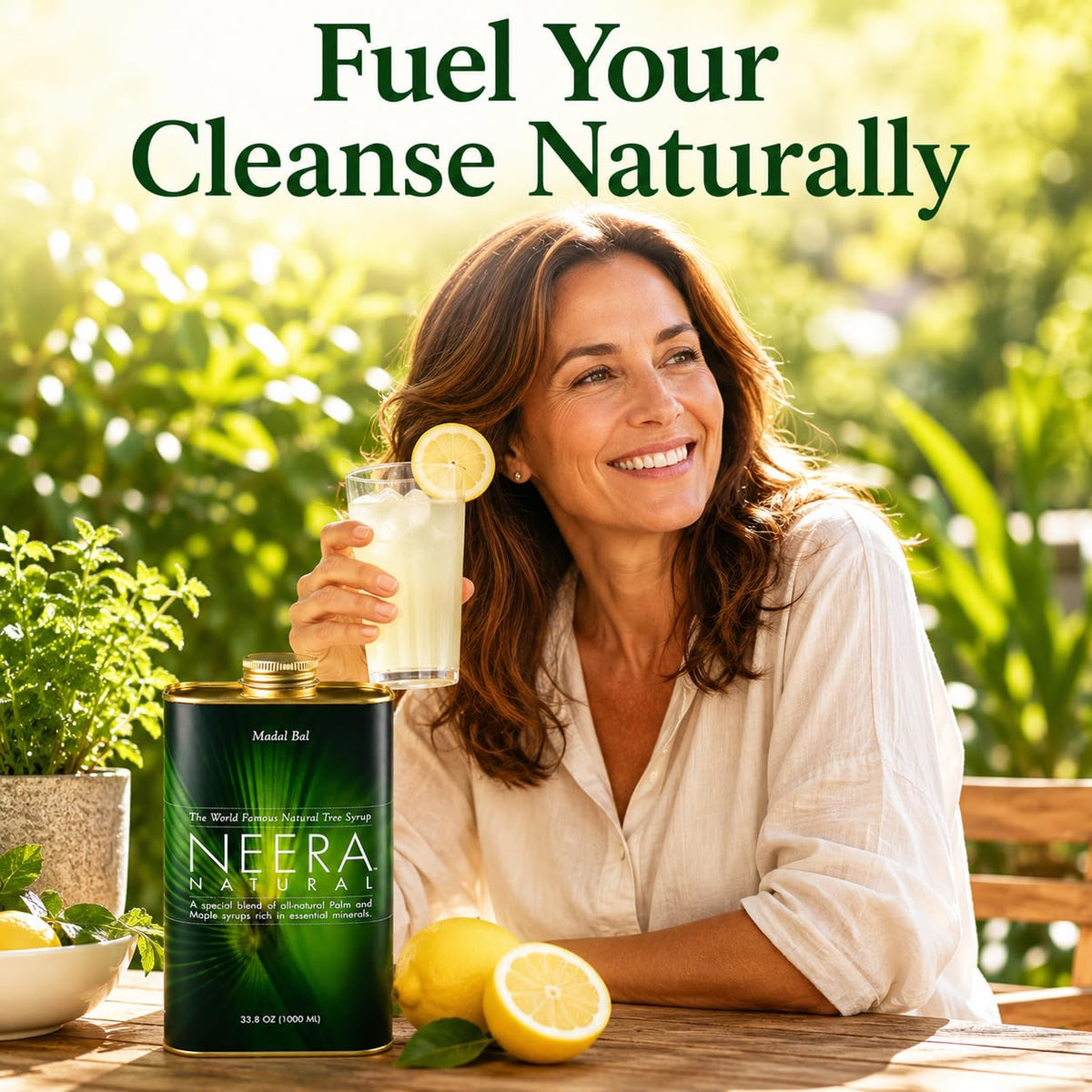 Neera Natural Madal Bal Master Cleanse Syrup 1L avec un verre de limonade