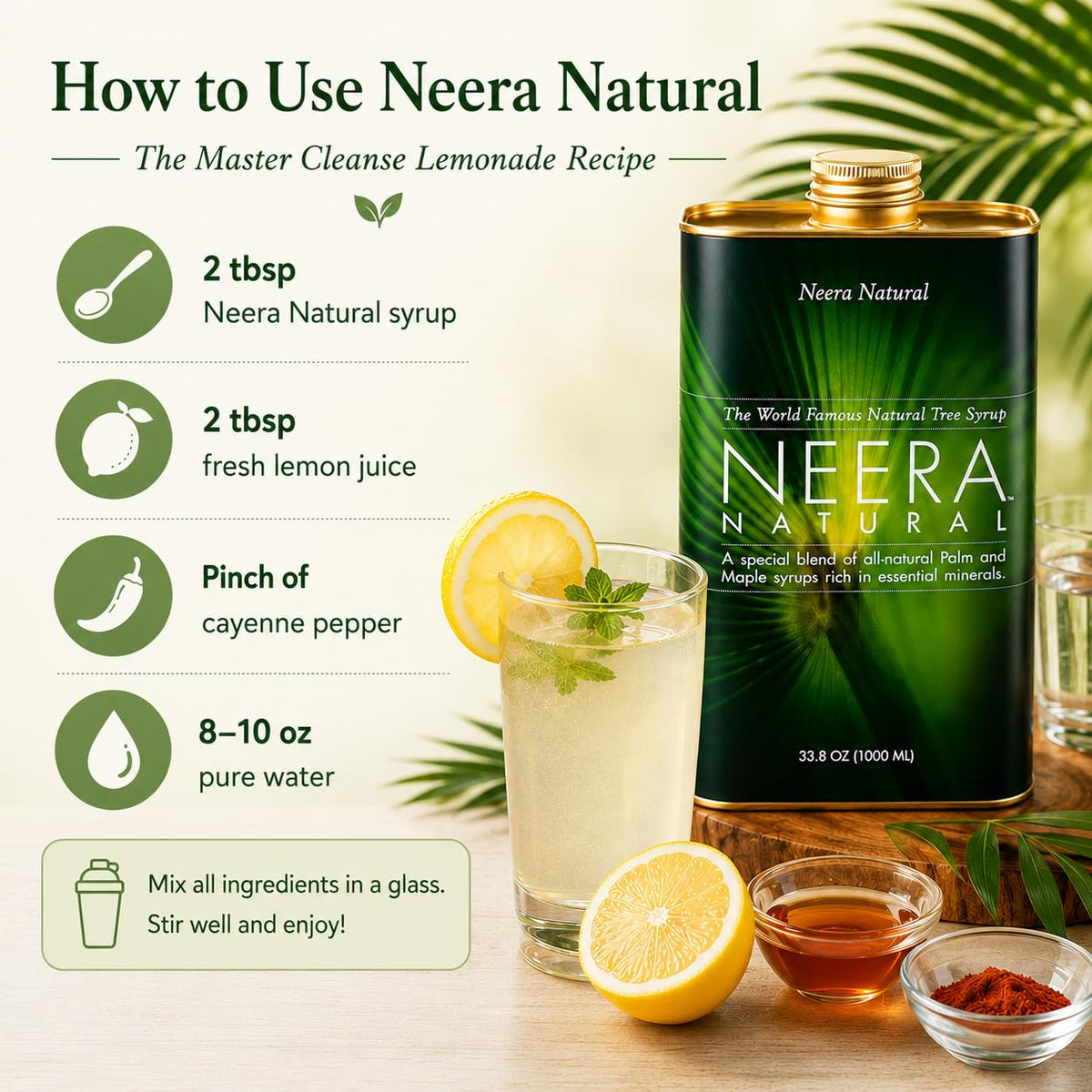 Neera Natural Madal Bal Master Cleanse Syrup 1L ouverte avec sirop versé