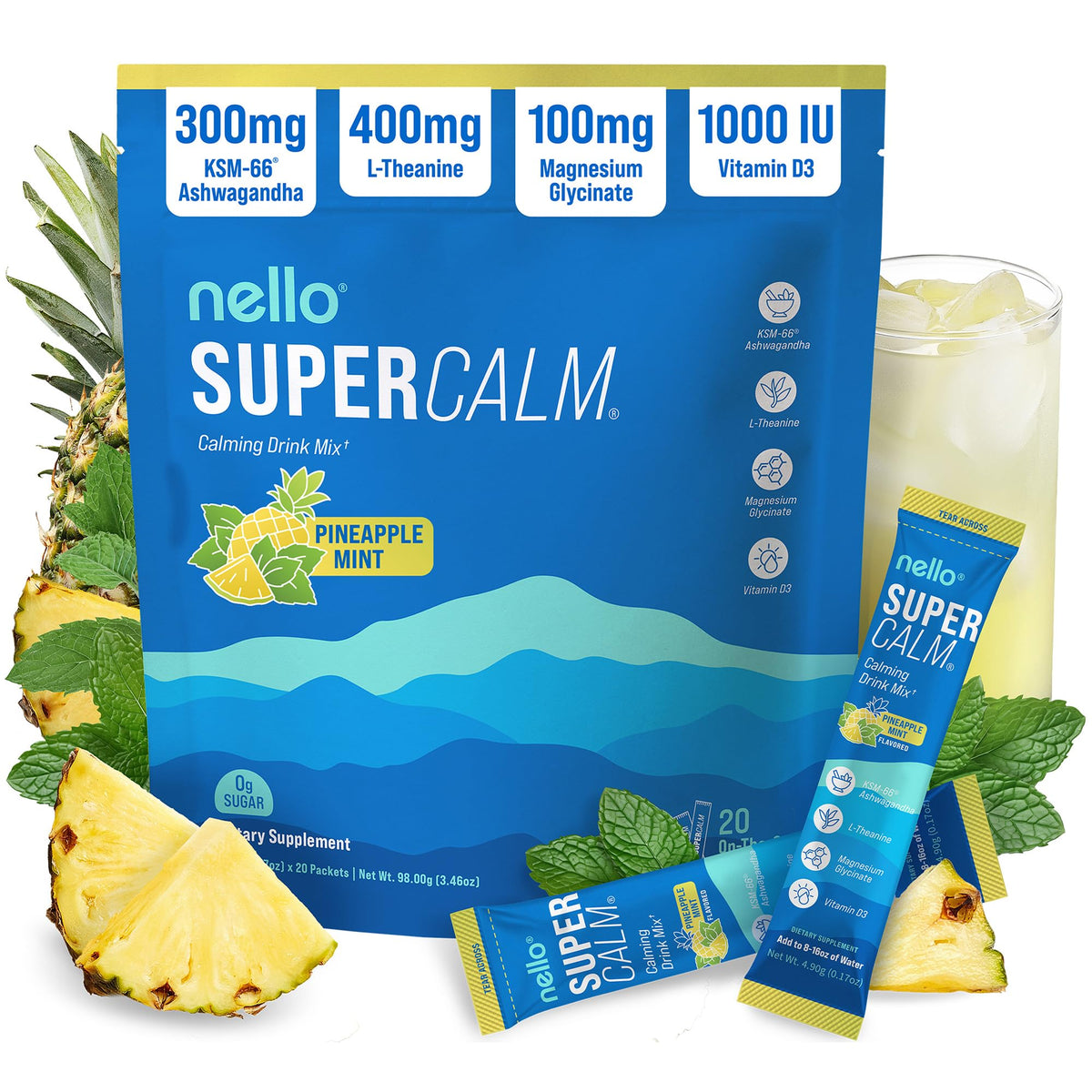 Nello Supercalm Mélange de Boisson en Poudre Ananas Menthe, boîte vue de face