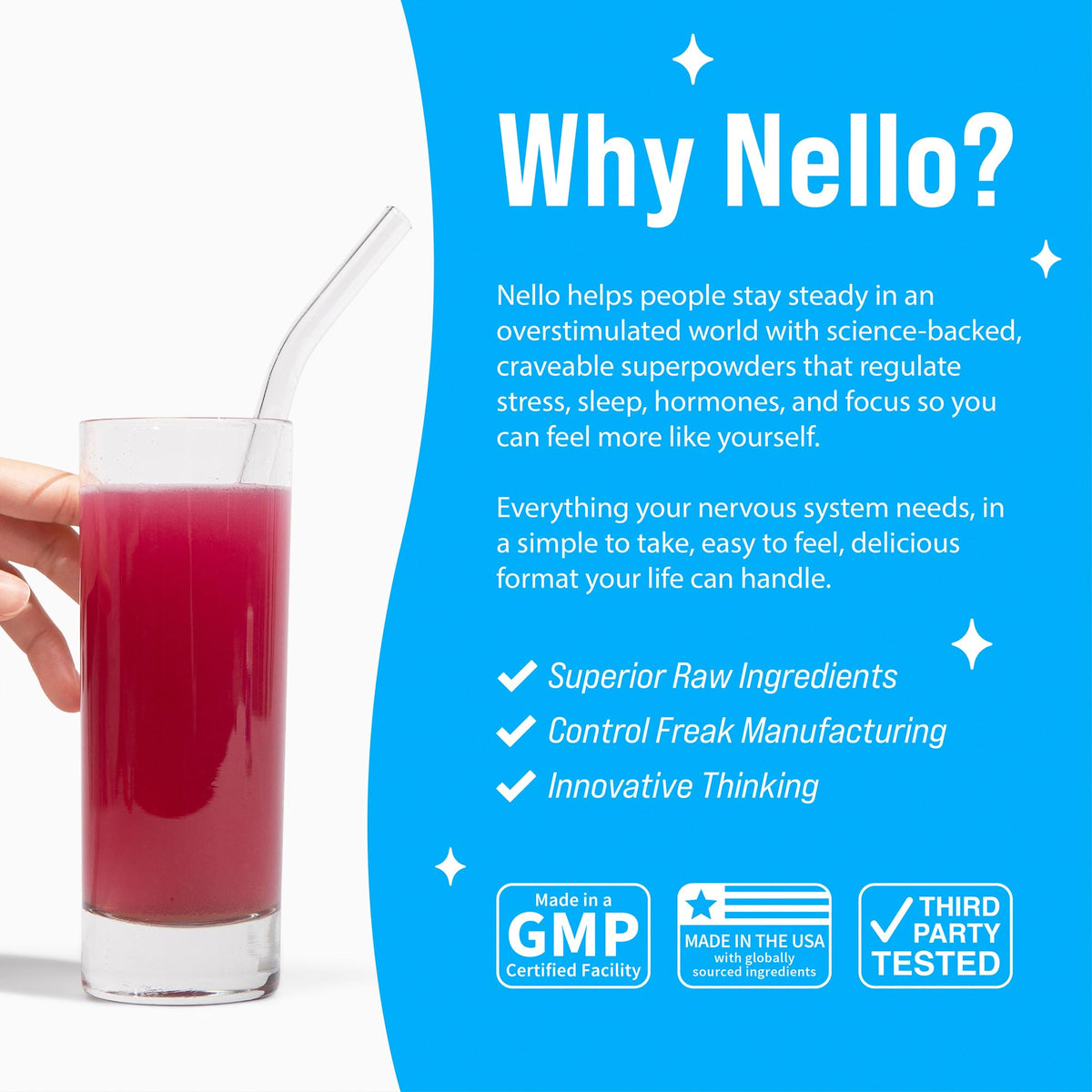 Nello Supercalm, mélange de boisson sur une table avec un verre d'eau