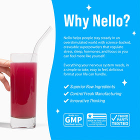 Nello Supercalm, mélange de boisson sur une table avec un verre d'eau