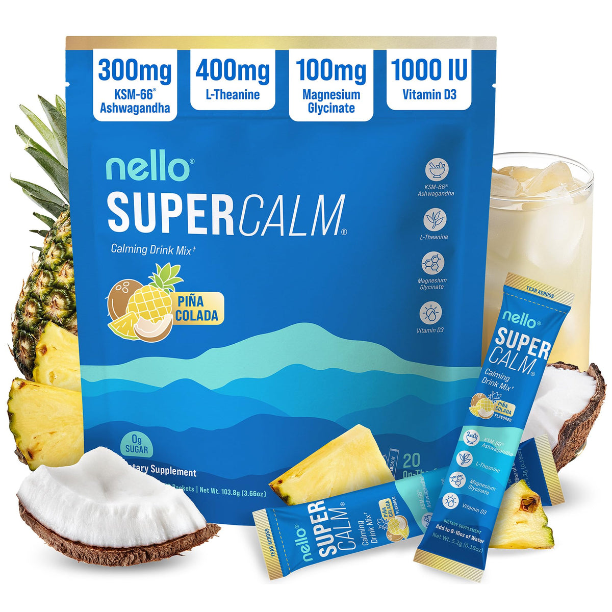 Nello Supercalm Pina Colada mélange de boisson en poudre vue de face