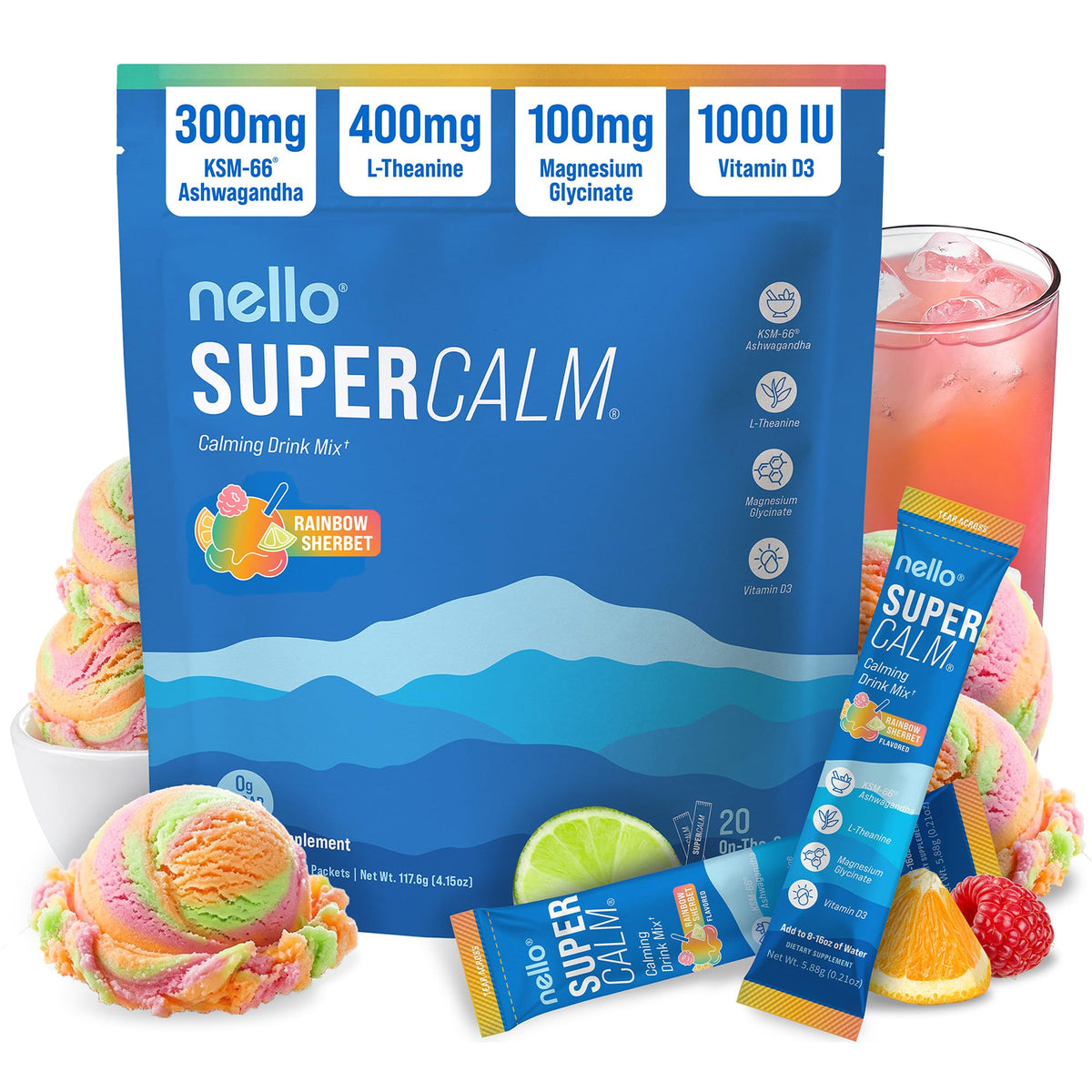 Nello Supercalm poudre à boire sachets saveur sorbet arc-en-ciel