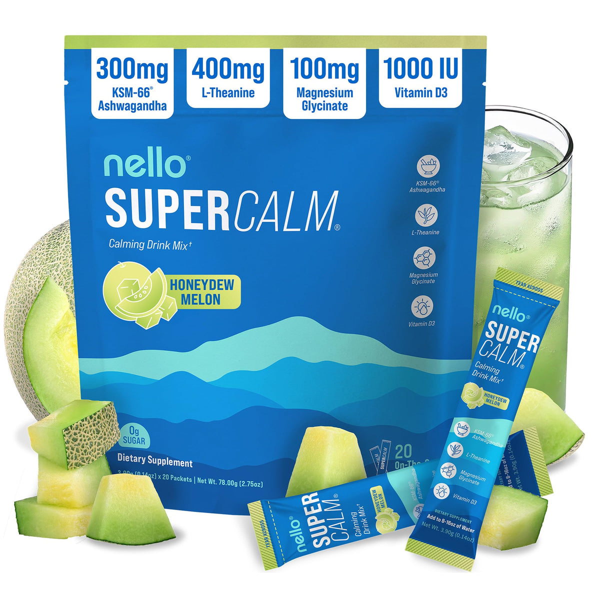 Nello Supercalm Poudre Boisson sachets individuels saveur melon miel