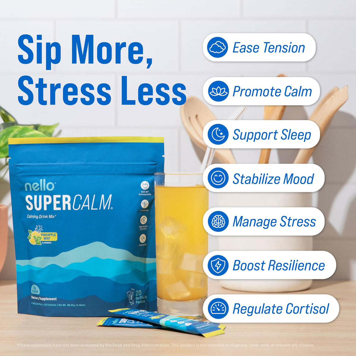 Nello Supercalm poudre dans un verre avec de l'eau