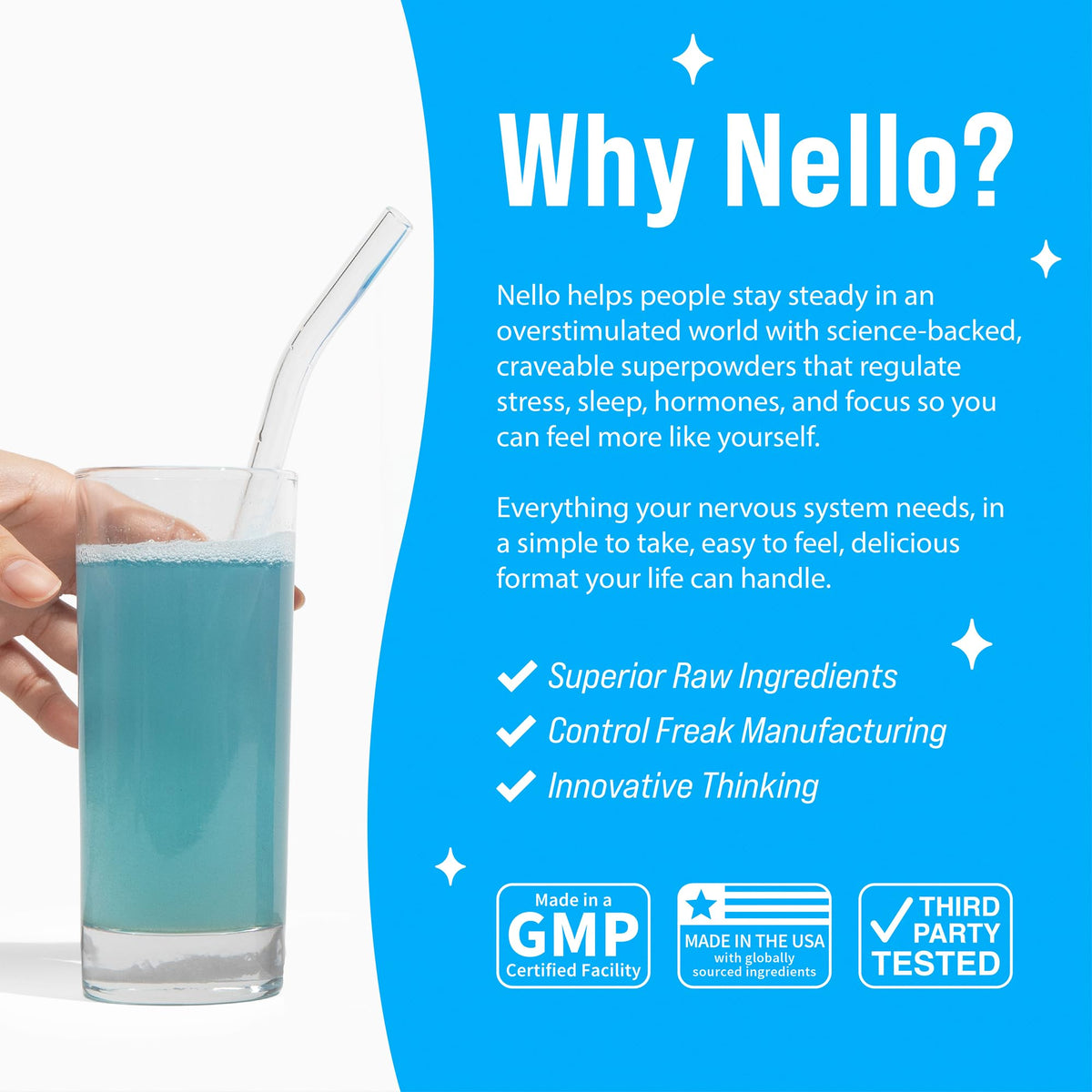 Nello Supercalm sachet à côté d'un verre d'eau