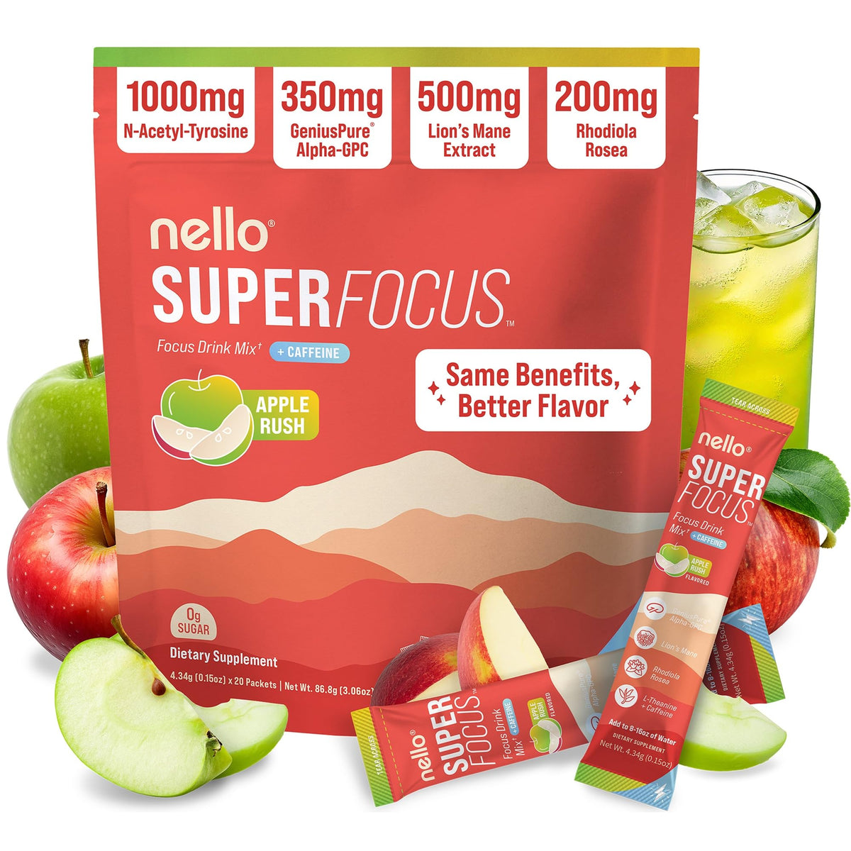 Nello Superfocus mélange nootropique en poudre, sachets individuels