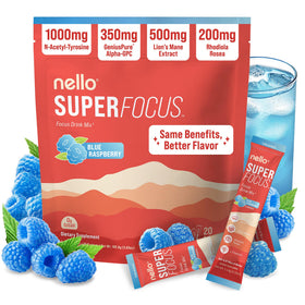 Nello Superfocus mélange nootropique en sachets de framboise bleue, vue de face