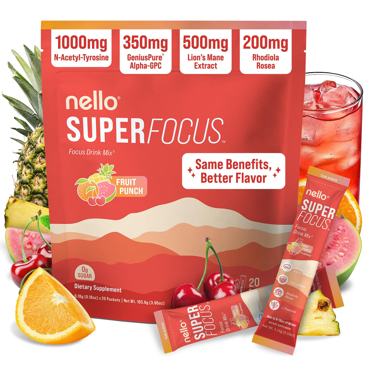 Nello Superfocus sachets de mélange nootropique, vue de face