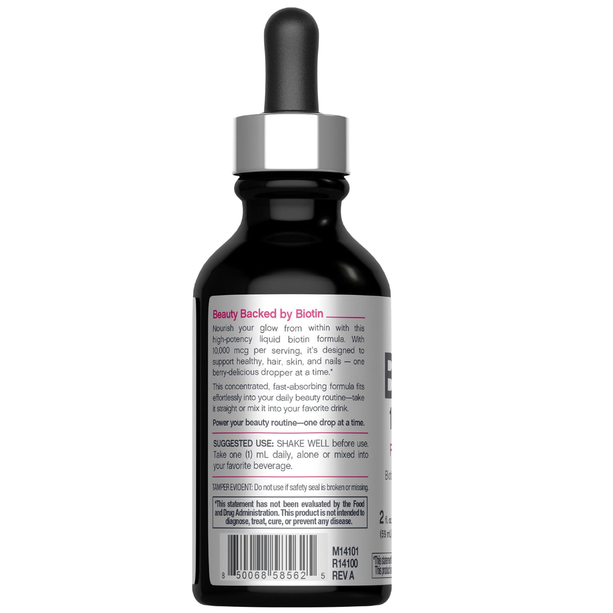 NeoCell Biotin Liquide 10 000 mcg versé dans un verre avec des baies