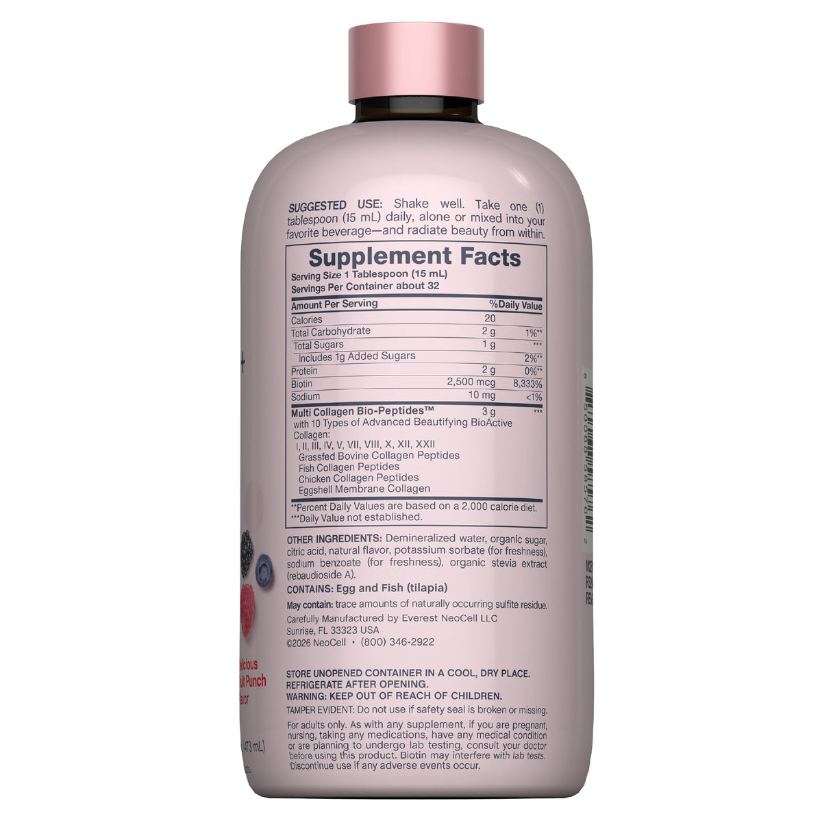 NeoCell Multi Collagen Peptides 16 fl oz étiquette avec ingrédients