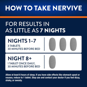 Nervive Nerve Relief PM comprimés sur une surface blanche