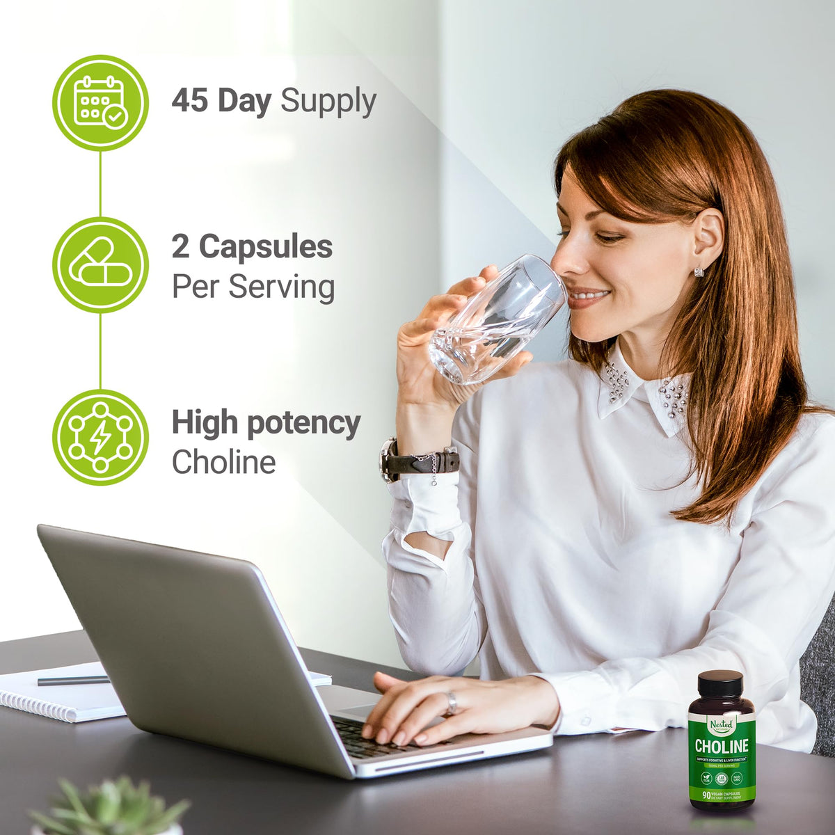 Nested Naturals Choline Bitartrate 500mg capsules en gros plan