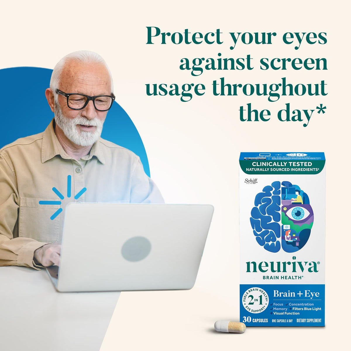 NEURIVA Complément Alimentaire Cerveau & Yeux, capsules sur un fond clair