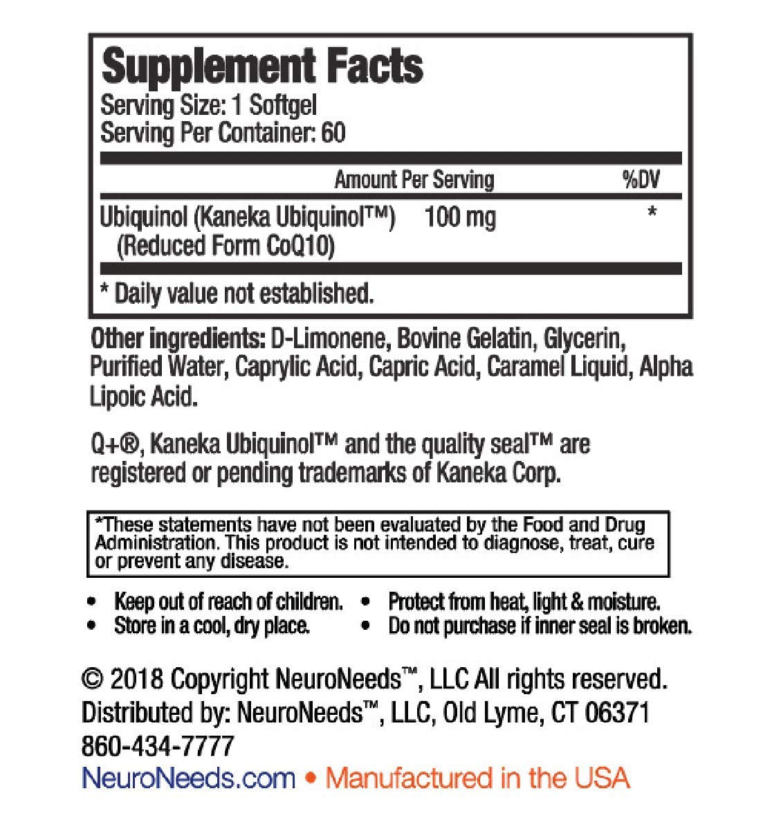 Neuro Needs CoQ10 Ubiquinol 100 mg gélules souples arrière