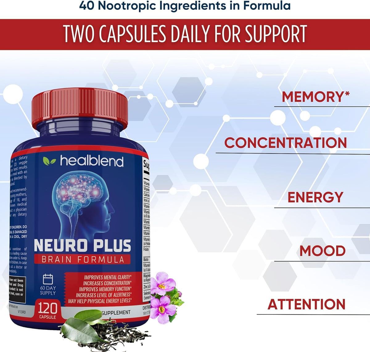 Neuro Plus avec des ingrédients naturels en arrière-plan