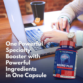 Neuro Plus healblend flacon sur un bureau avec des livres