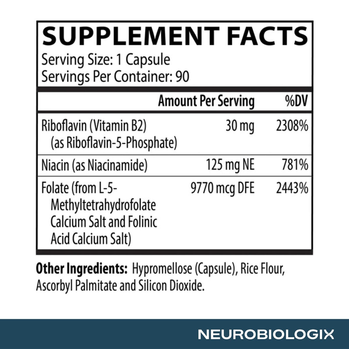 Neurobiologix Methyl Folate Plus 90 Capsules sur fond blanc