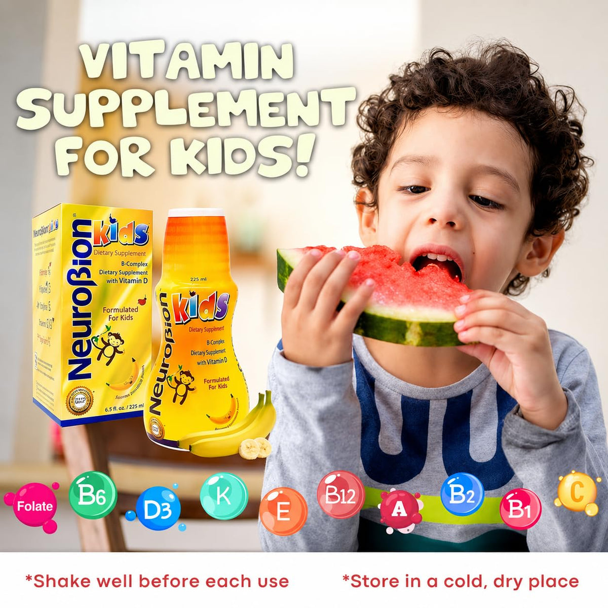 Neurobion B Complex Liquide 236 ml sur table avec jouets d'enfants