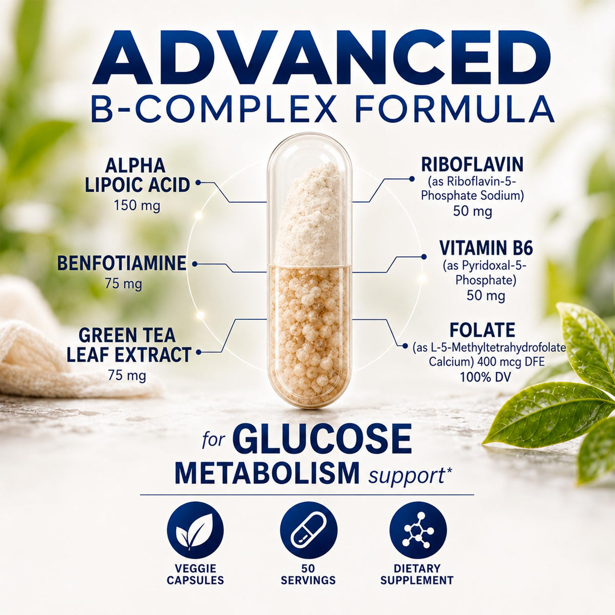 Neurobion Gluco B capsules à côté d'un verre d'eau