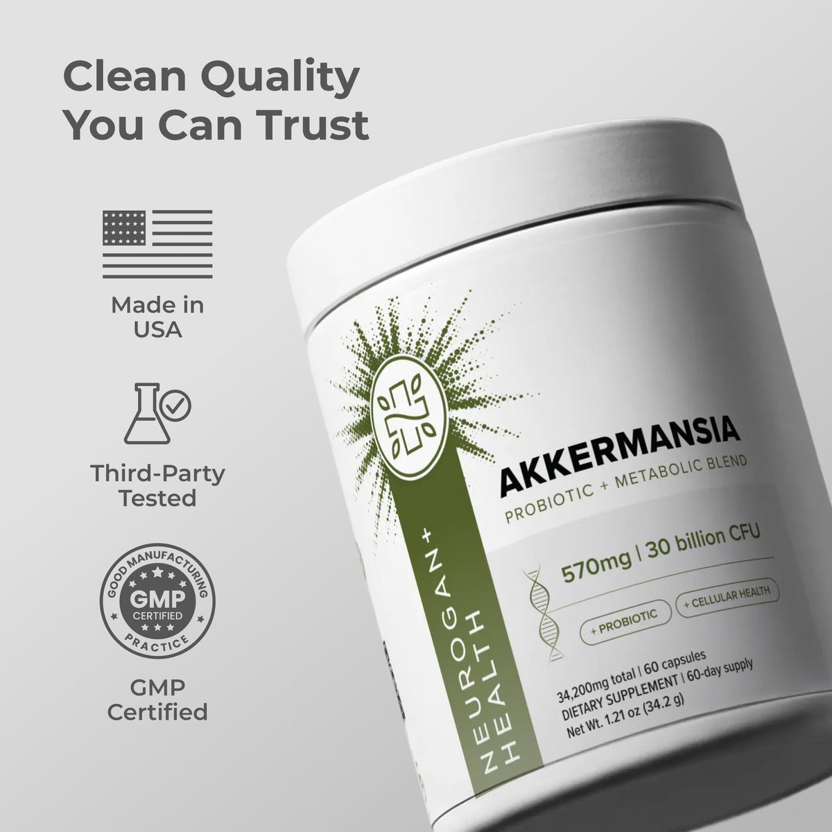 Neurogan Akkermansia Muciniphila Postbiotique, capsules sur un fond neutre