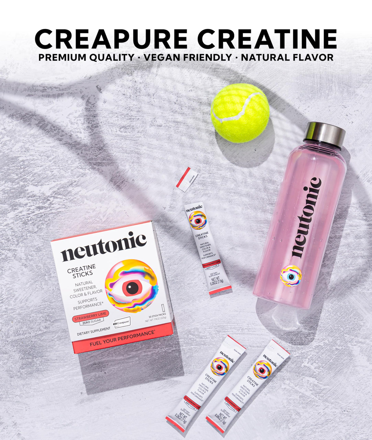 Neutonic créatine monohydrate sachets saveur fraise-lime avec un verre d'eau